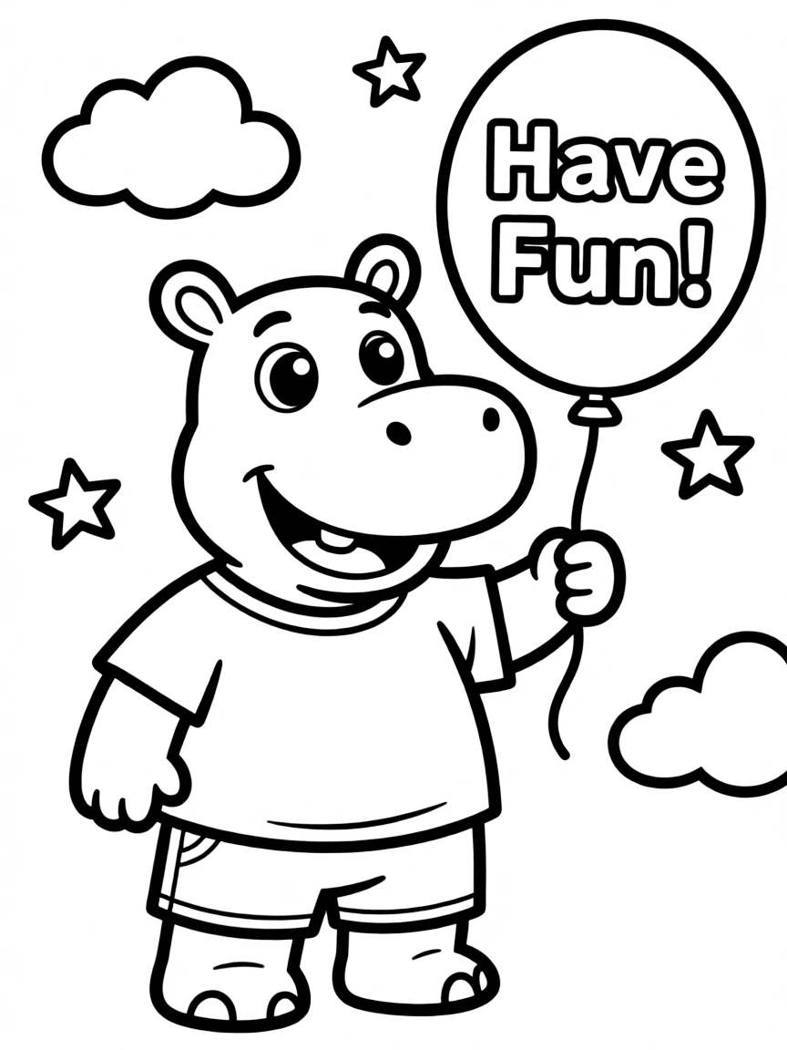 Cheerful cartoon hippopotamus coloring page