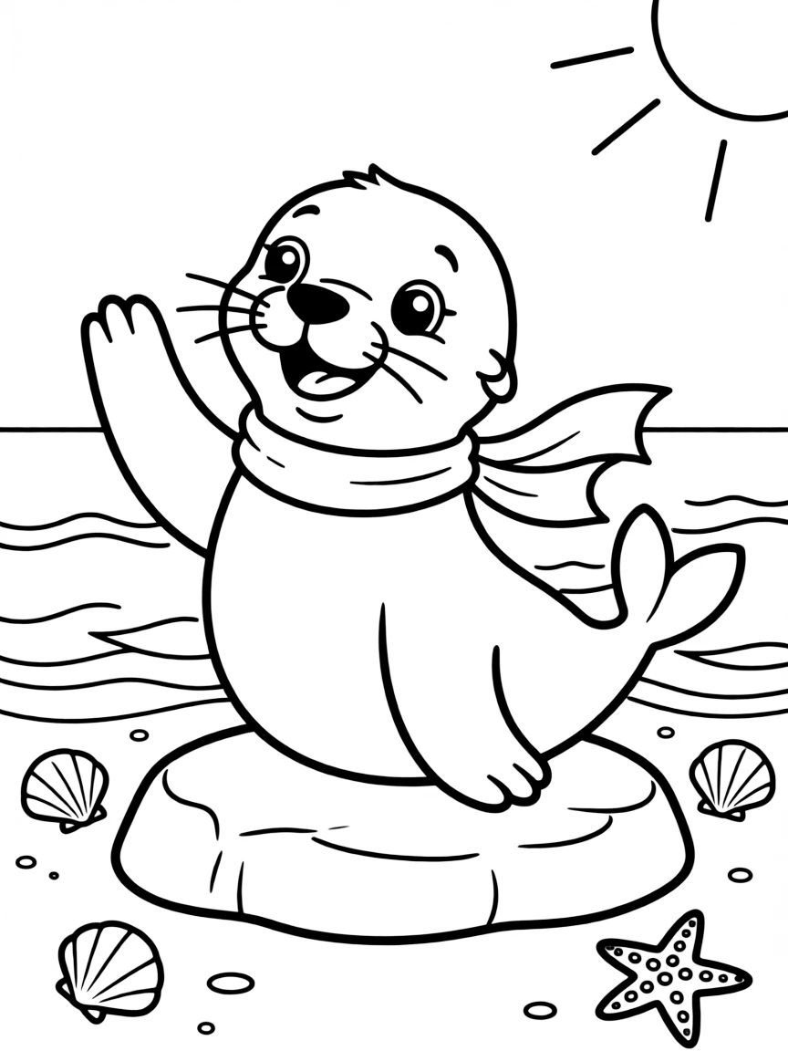 Cheerful cartoon sea lion coloring page