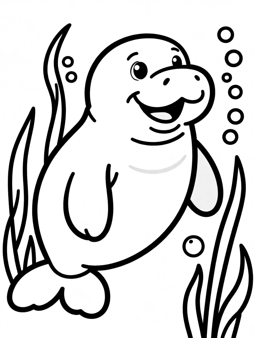 Cheerful cartoon manatee coloring page