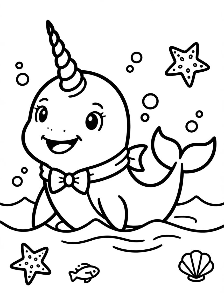 Cheerful cartoon narwhal coloring page