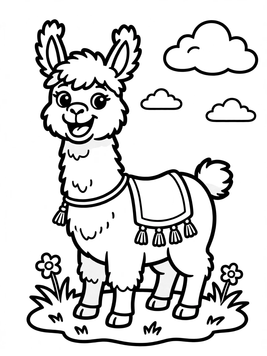 Cheerful cartoon llama coloring page