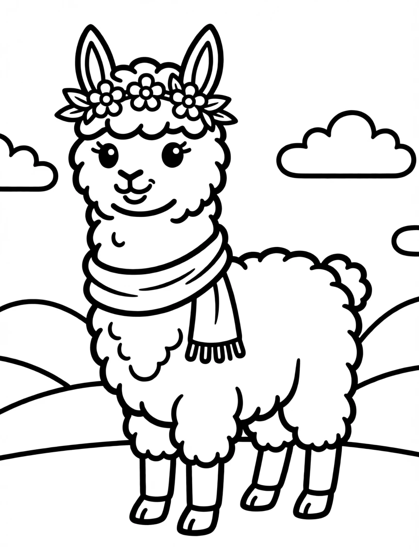 Cheerful cartoon alpaca coloring page