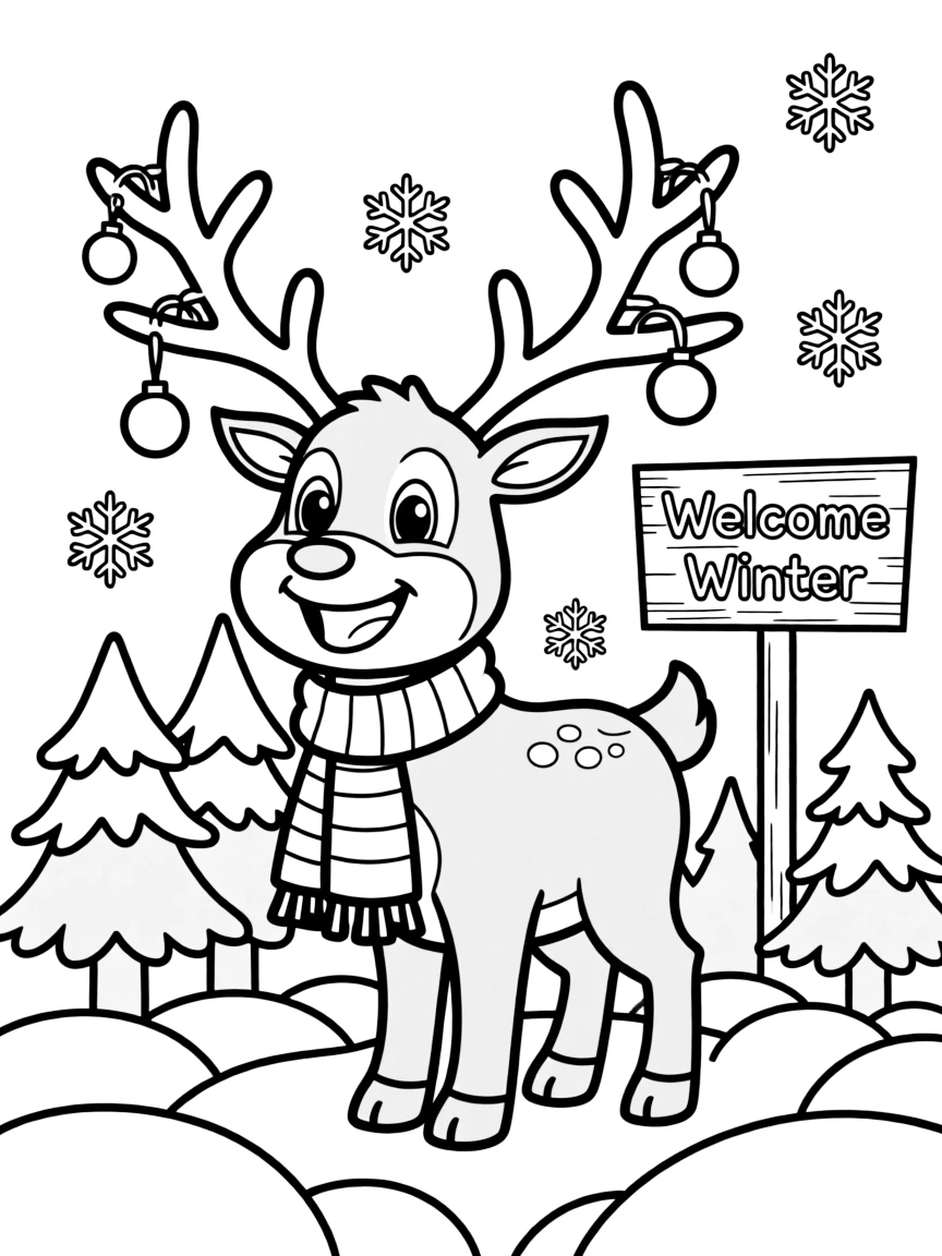 Cheerful cartoon reindeer coloring page