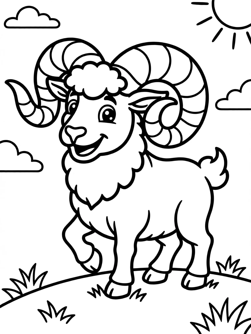 Cheerful cartoon bighorn sheep coloring page
