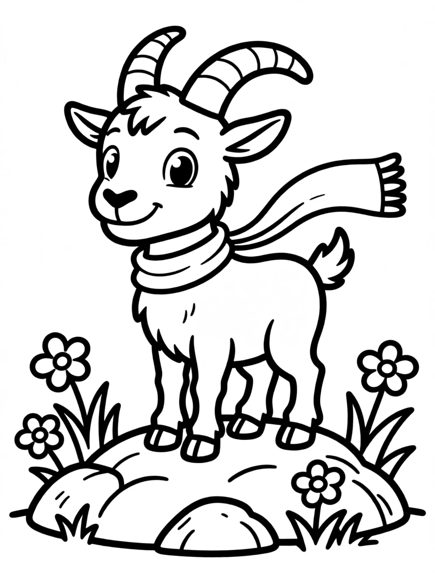 Cheerful cartoon mountain goat coloring page