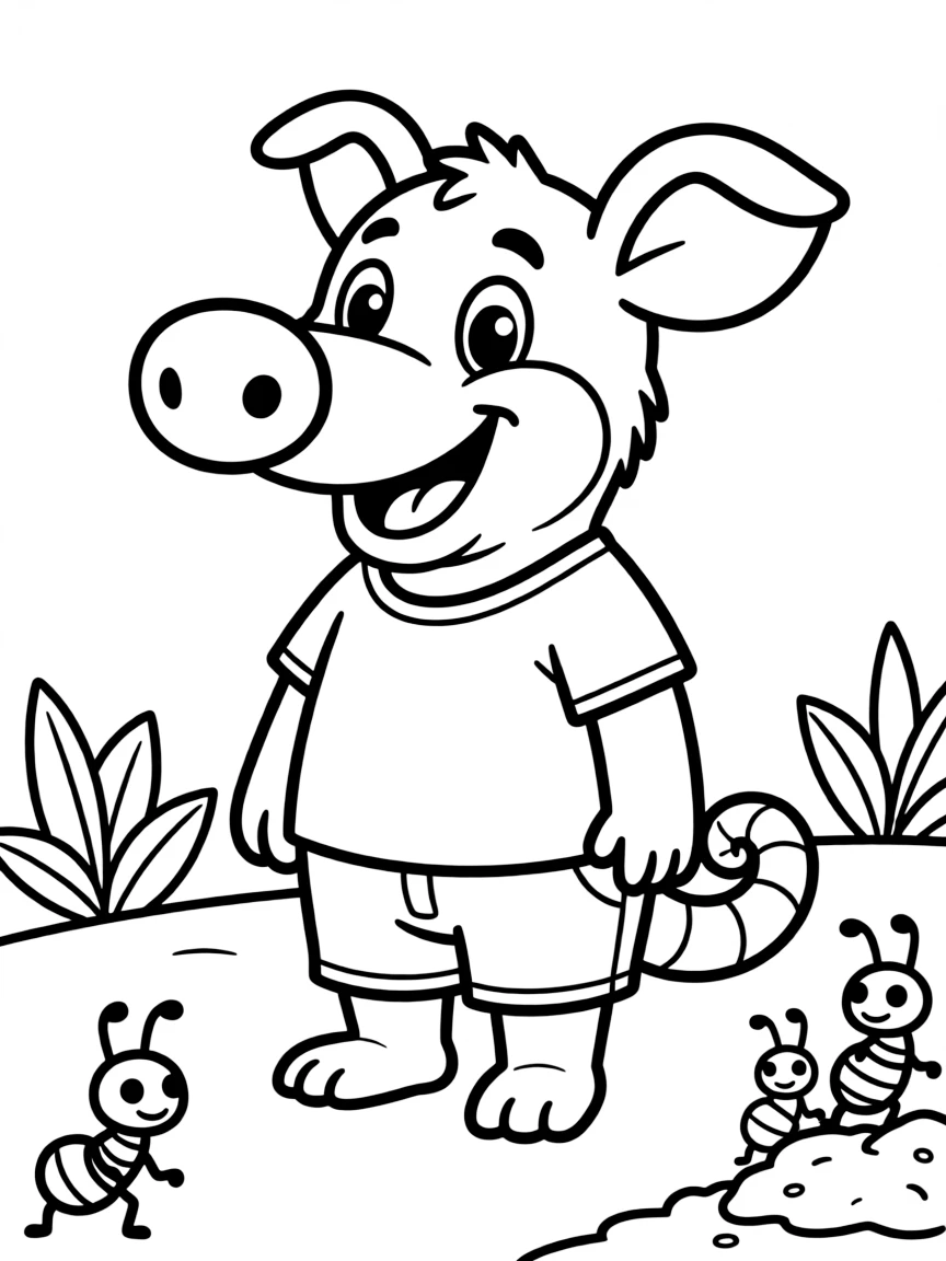 Cheerful cartoon aardvark coloring page