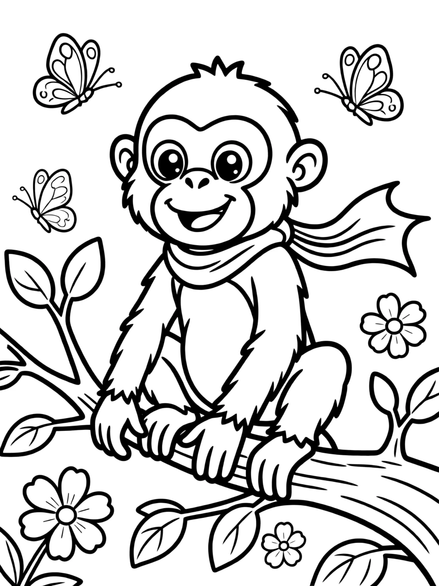 Cheerful cartoon gibbon coloring page