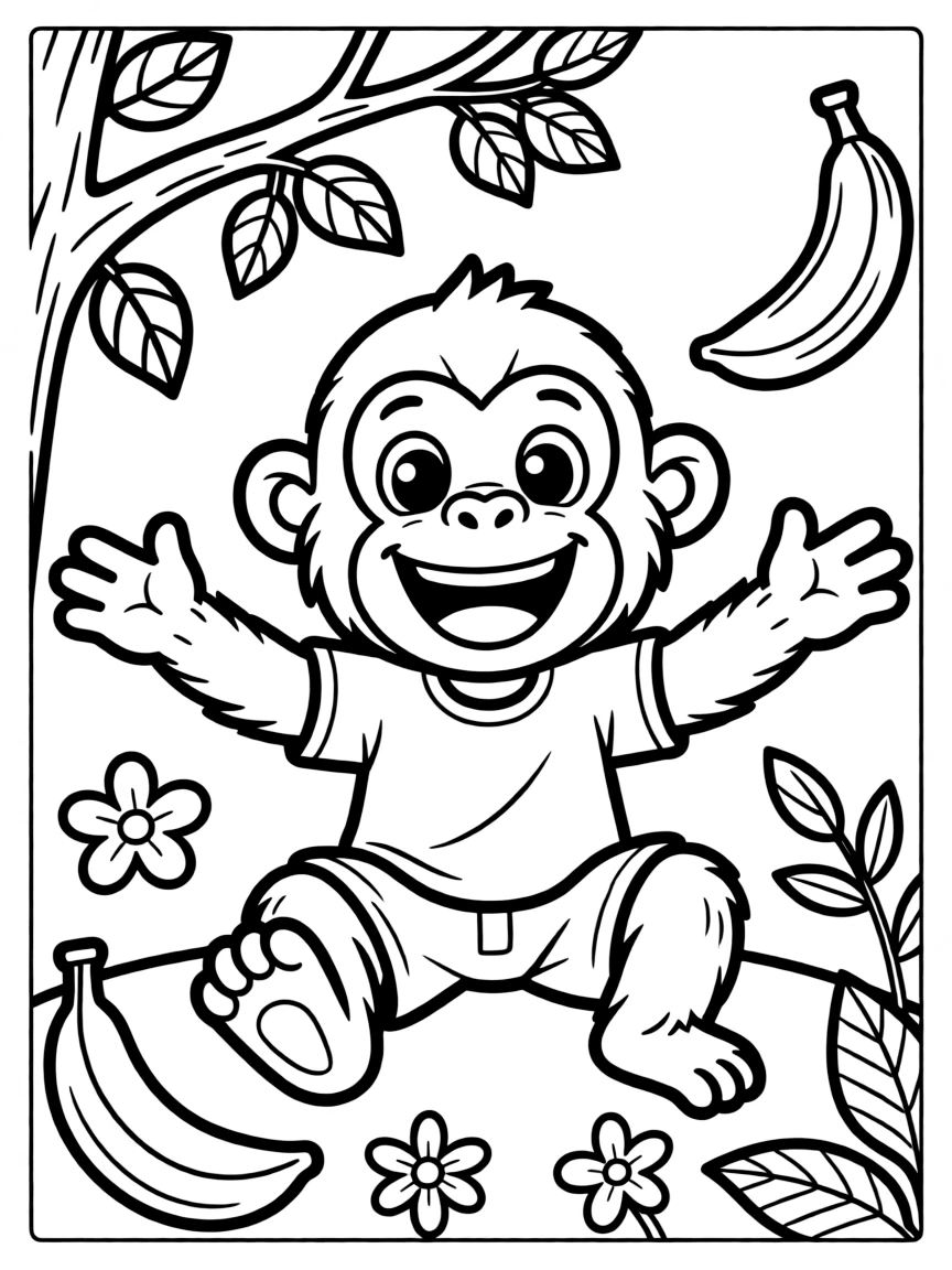 Cheerful cartoon chimpanzee coloring page