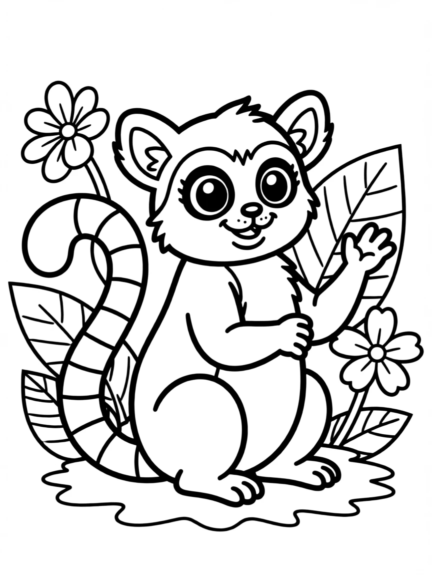 Cheerful cartoon ring-tailed lemur coloring page
