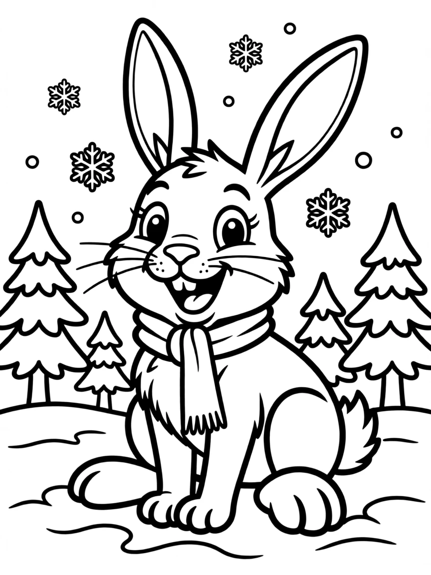 Cheerful cartoon snowshoe hare coloring page