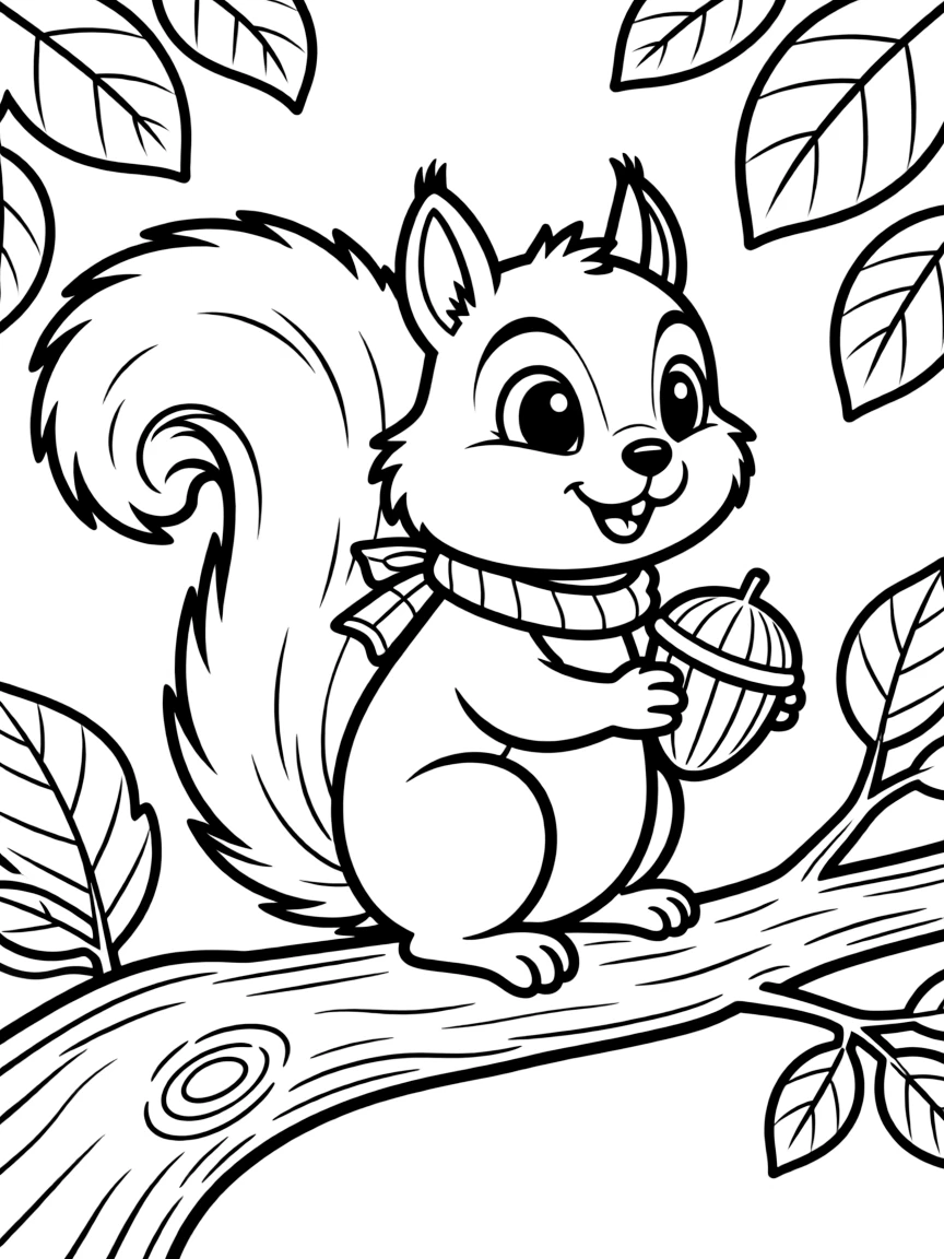 Cheerful cartoon tree squirrel coloring page