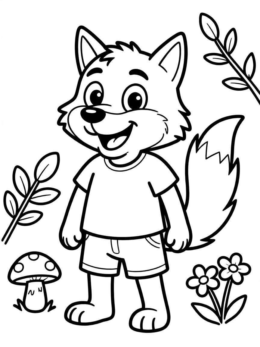 Cheerful cartoon gray wolf coloring page