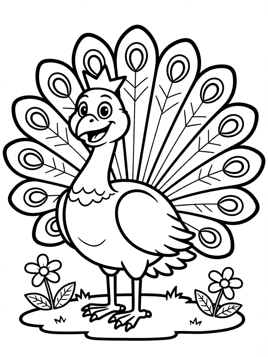 Cheerful cartoon peacock coloring page