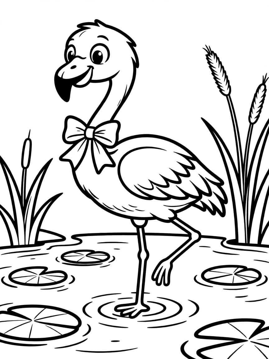 Cheerful cartoon flamingo coloring page