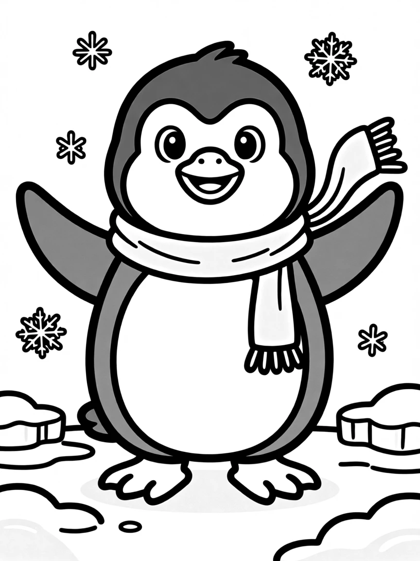 Cheerful cartoon penguin coloring page