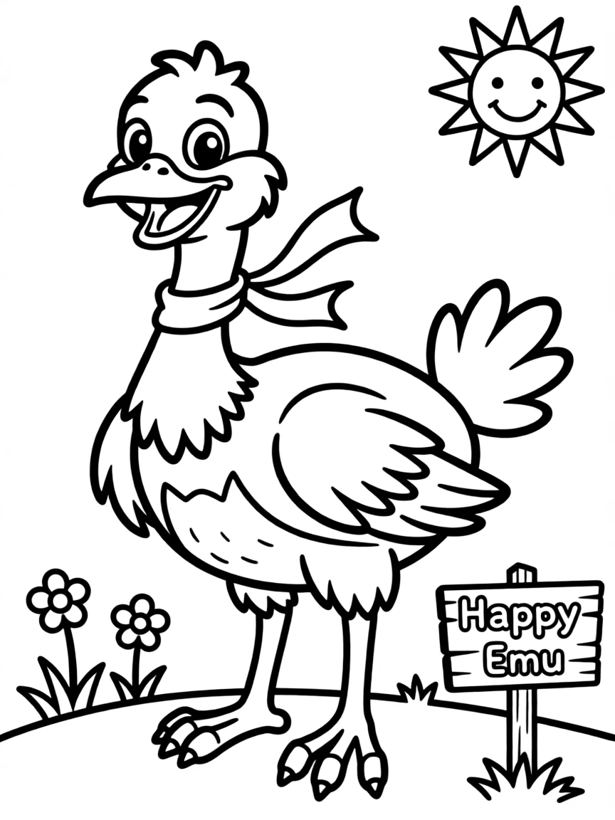 Cheerful cartoon emu coloring page