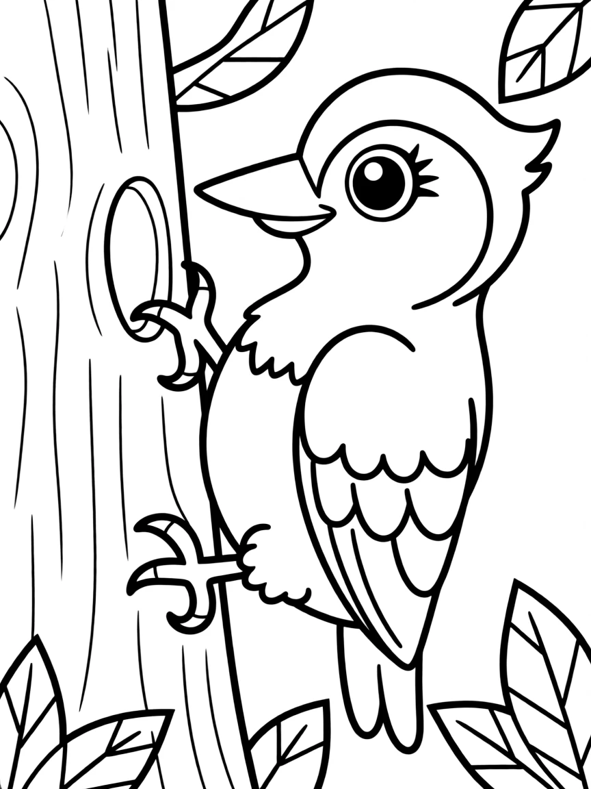 Cheerful cartoon woodpecker coloring page