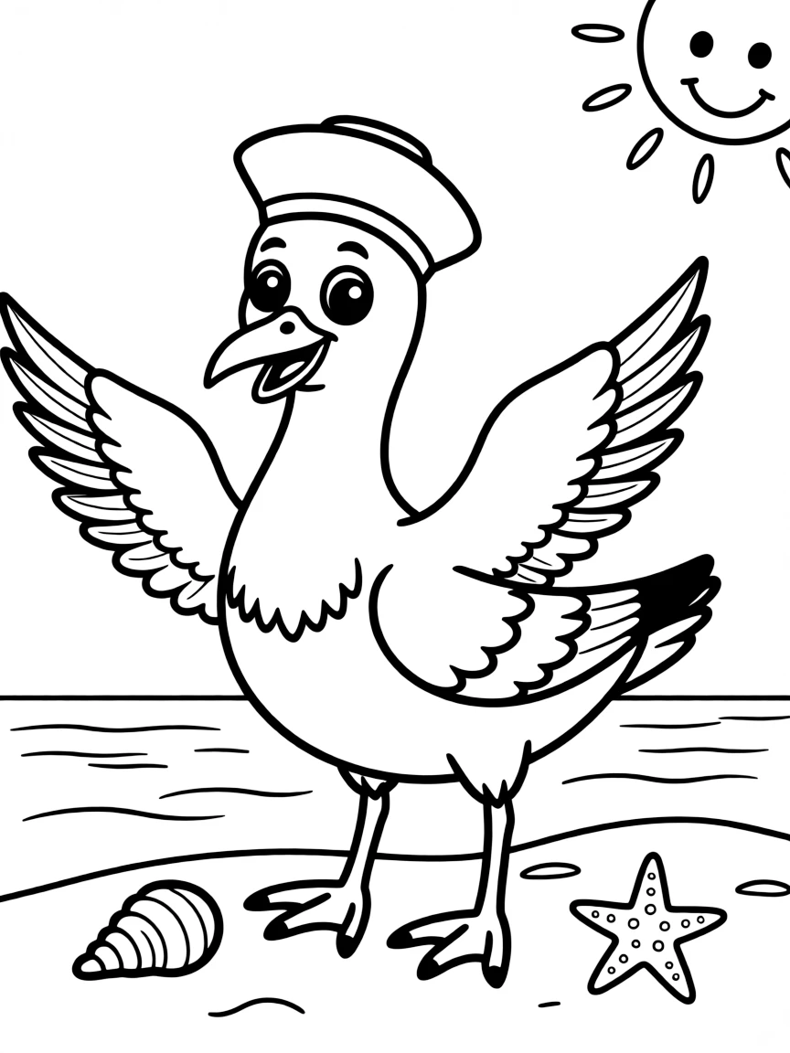 Cheerful cartoon seagull coloring page