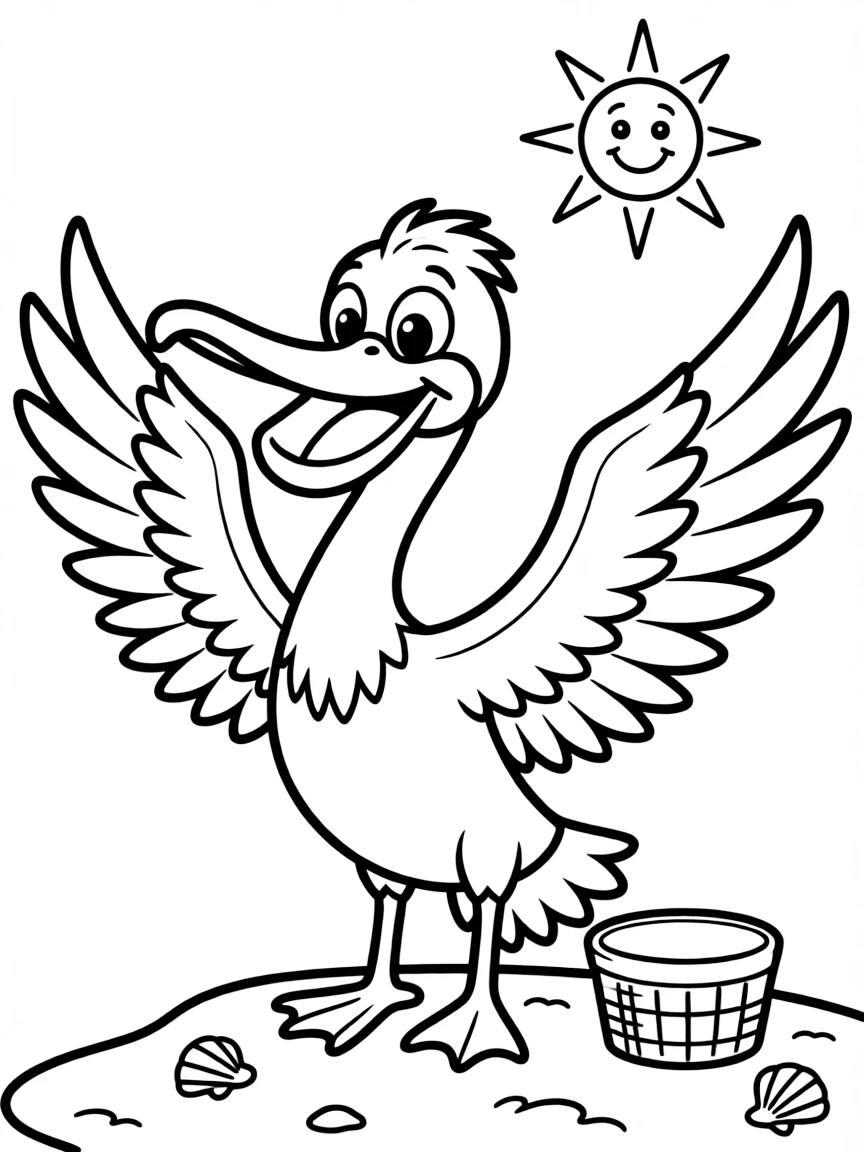 Cheerful cartoon pelican coloring page
