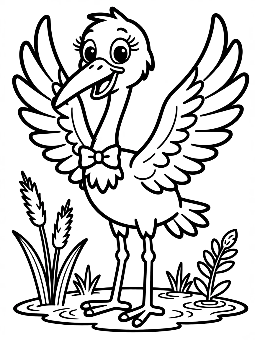 Cheerful cartoon stork coloring page