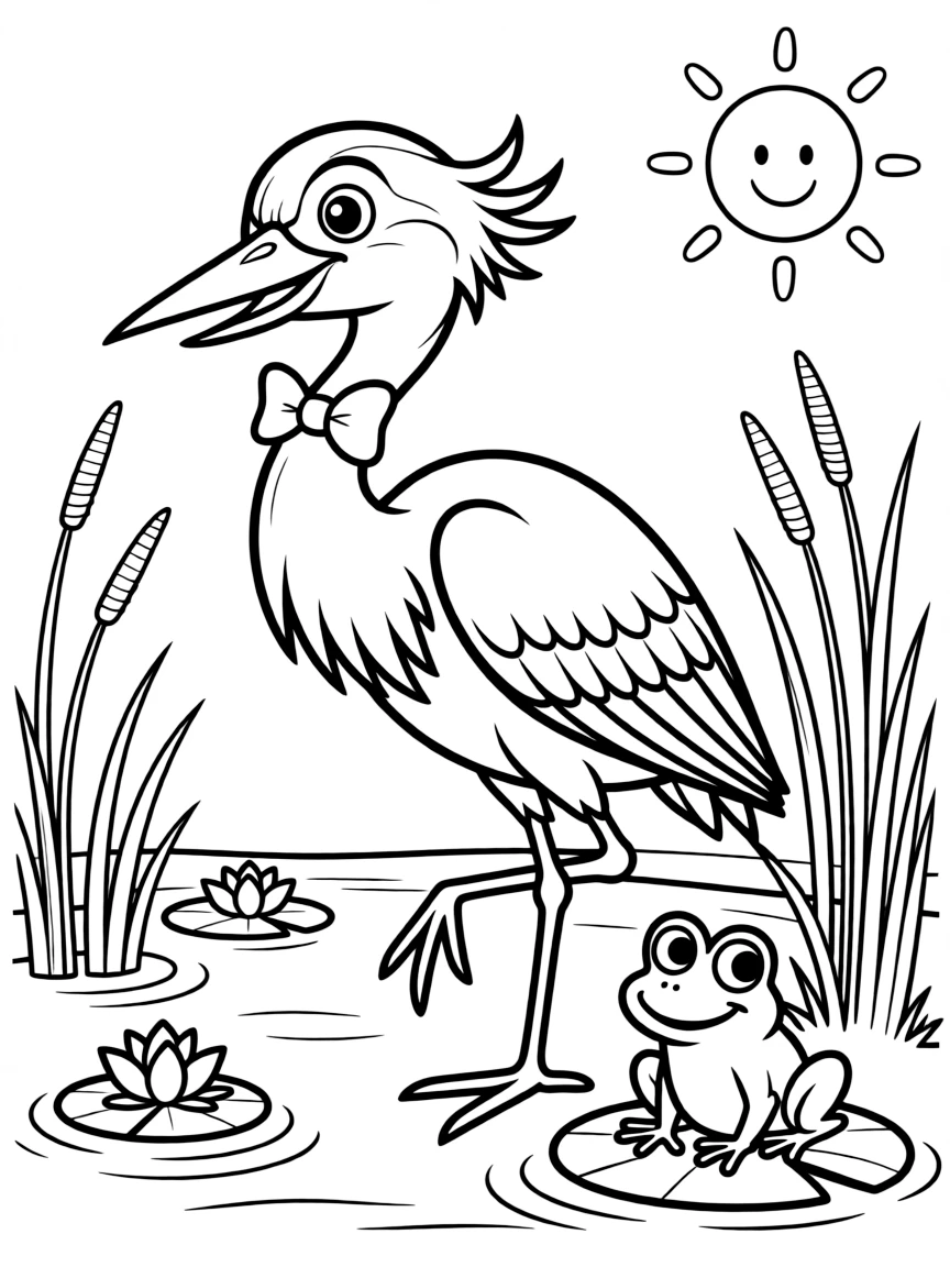 Cheerful cartoon heron coloring page