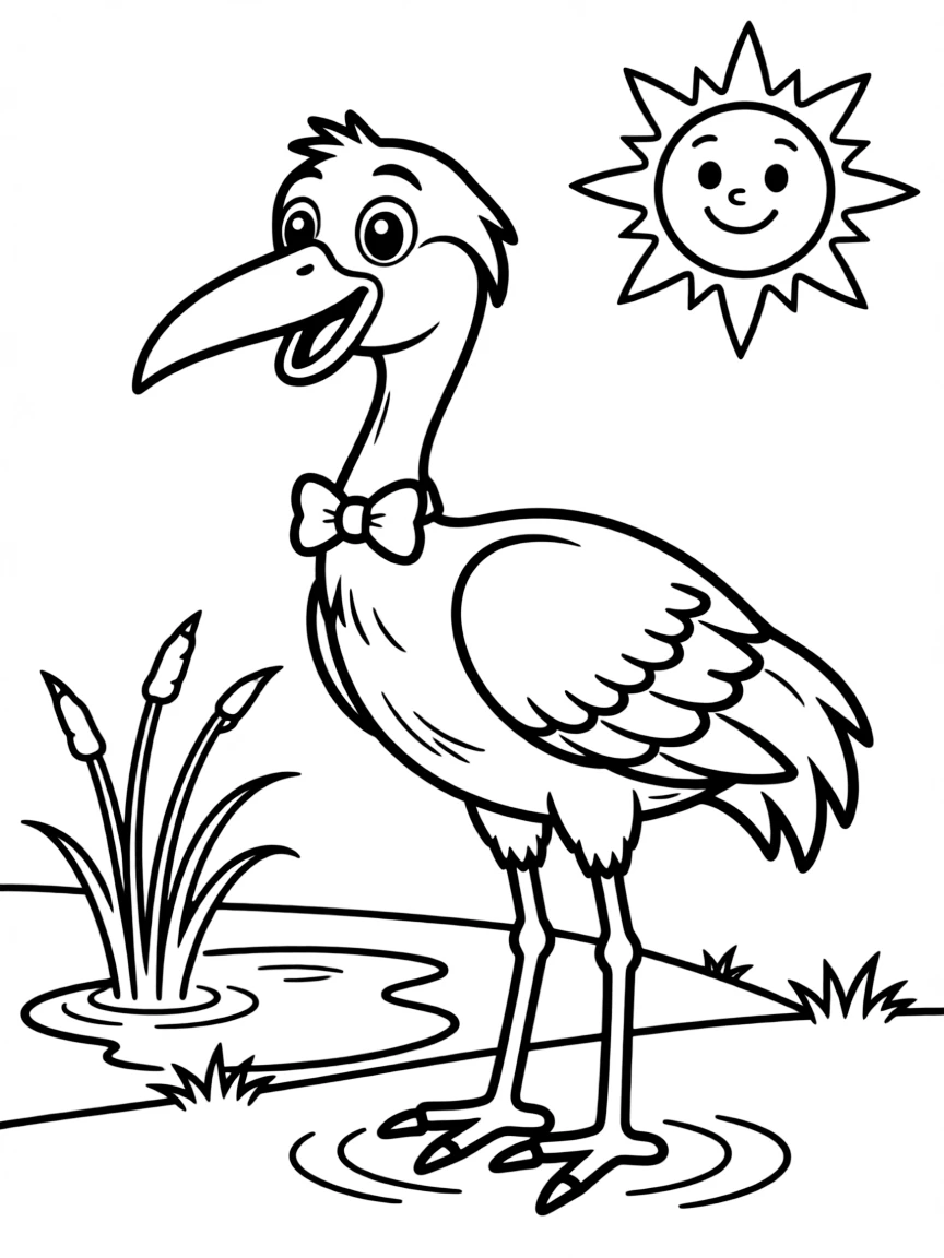 Cheerful cartoon crane coloring page