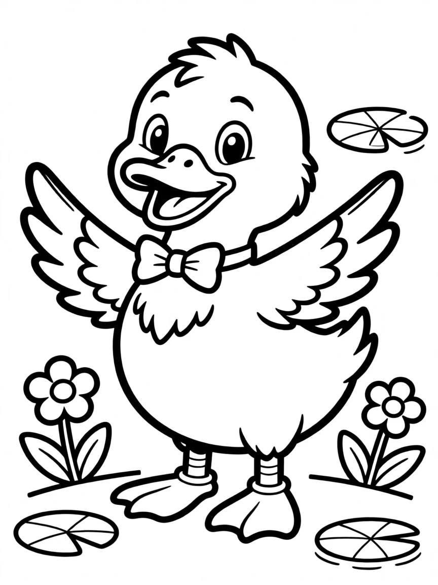 Cheerful cartoon duck coloring page