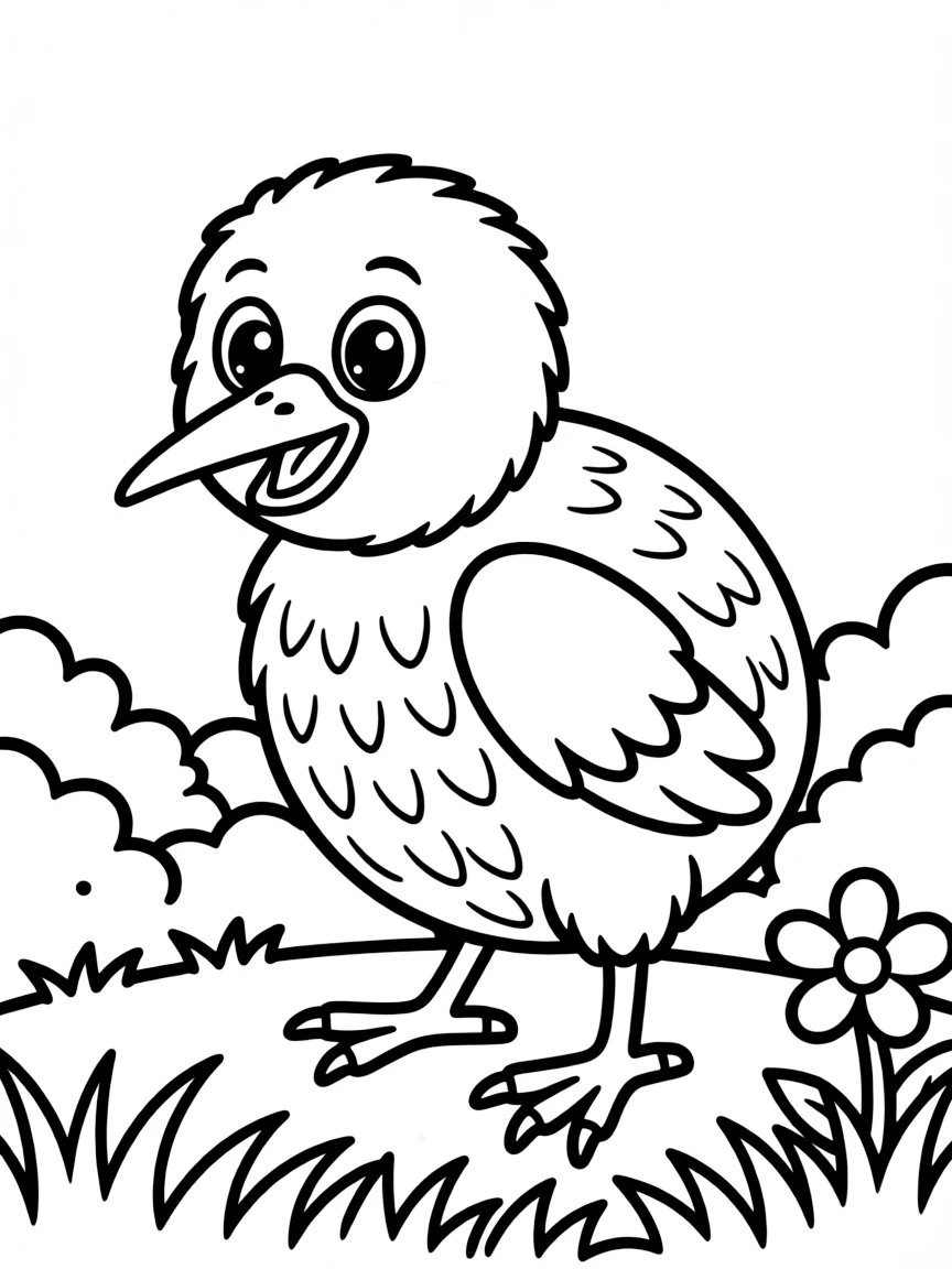 Cheerful cartoon kiwi coloring page
