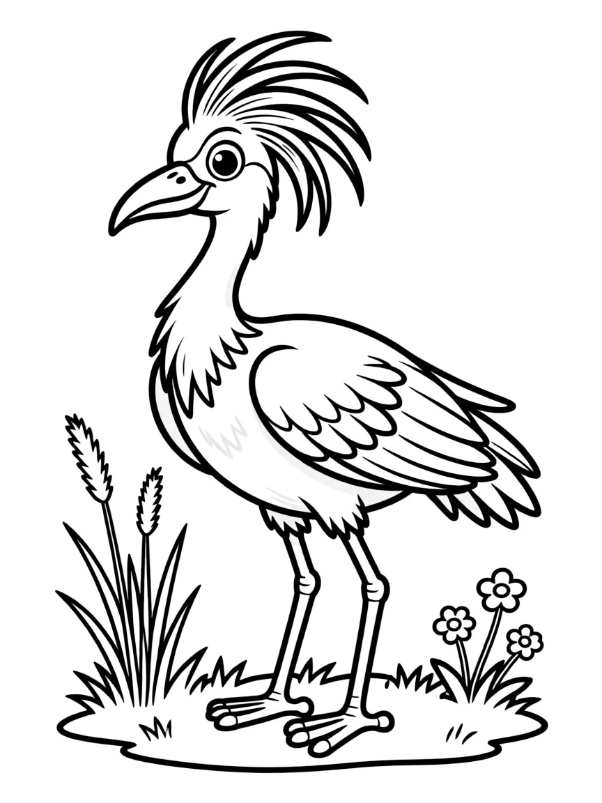 Cheerful cartoon secretary bird coloring page