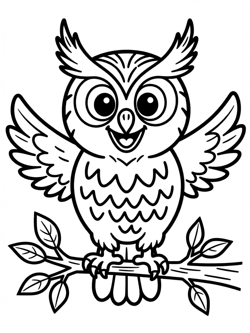 Cheerful cartoon great horned owl coloring page