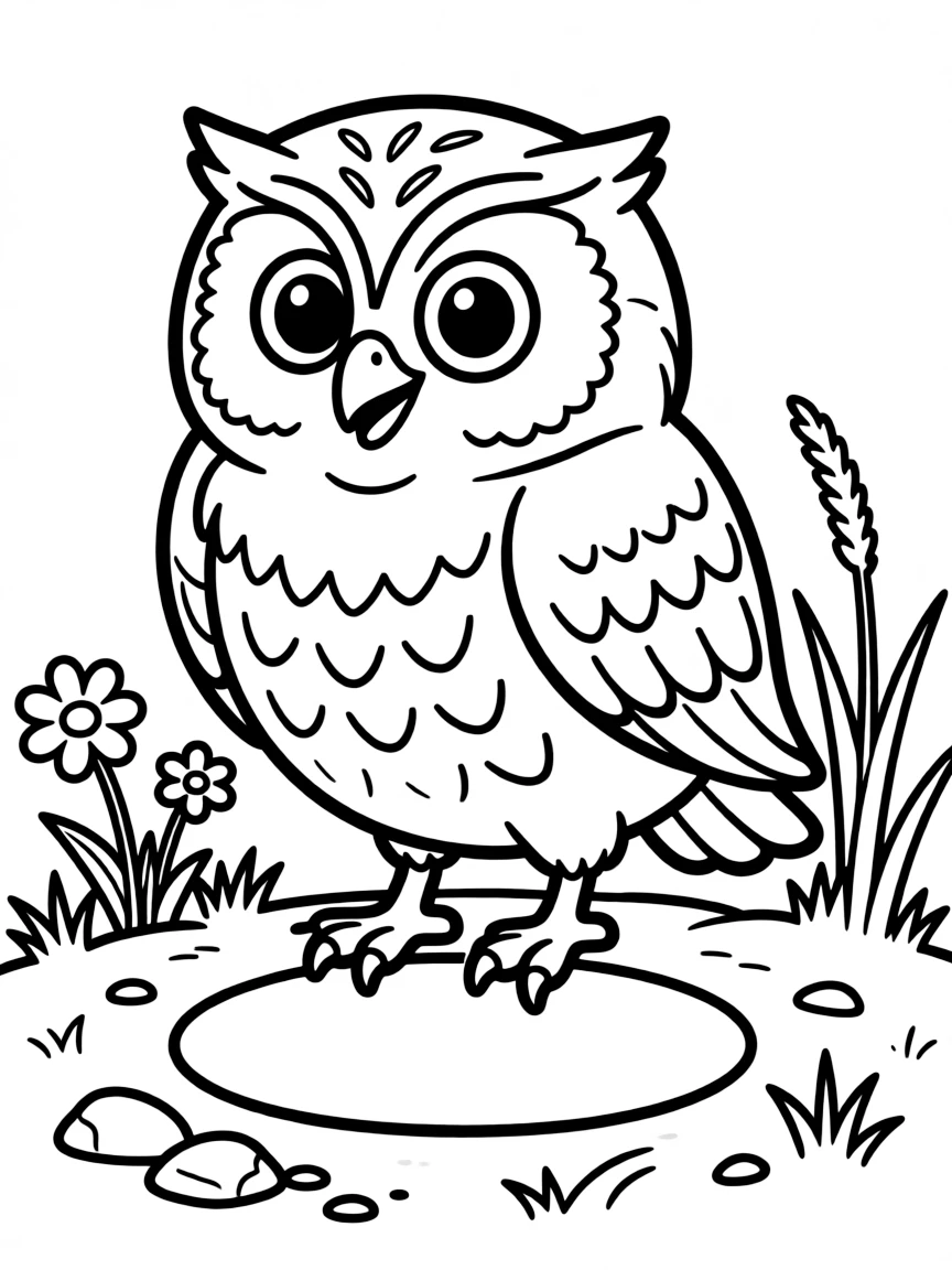 Cheerful cartoon burrowing owl coloring page