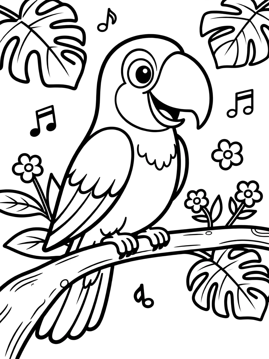 Cheerful cartoon macaw coloring page
