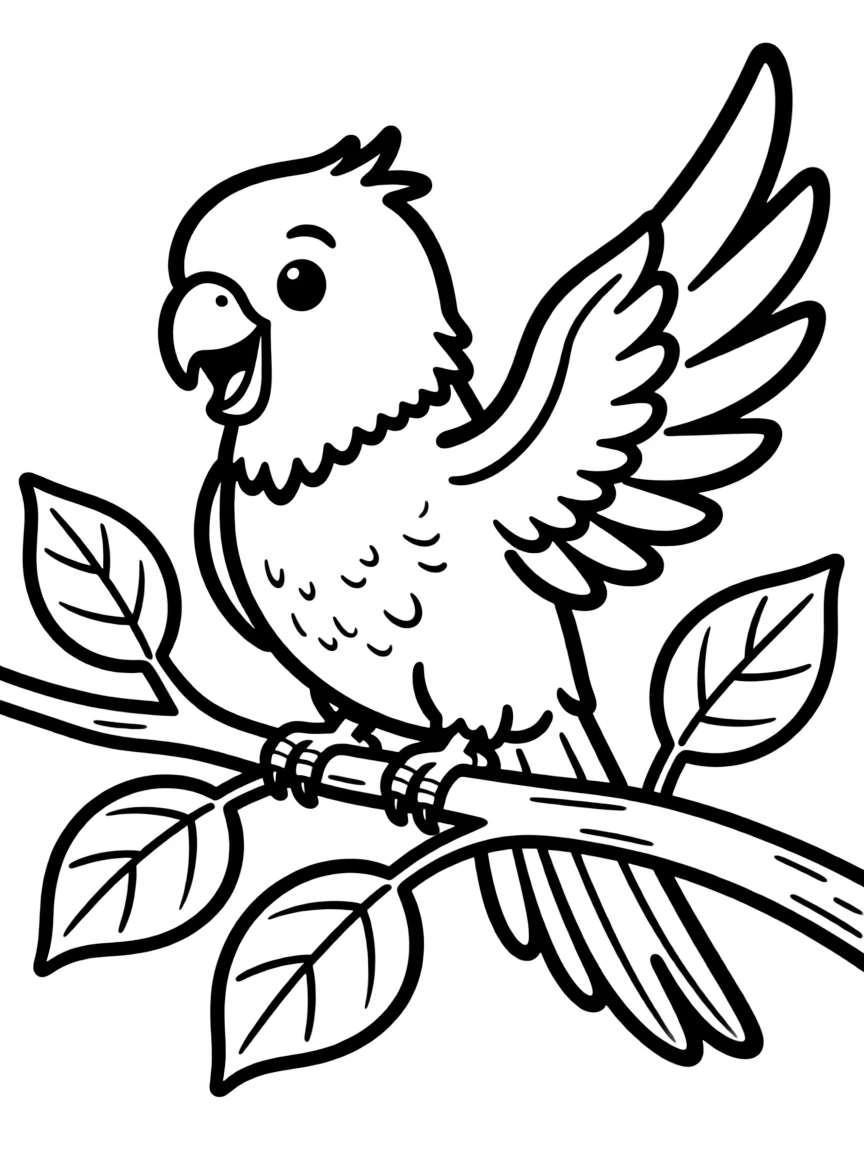 Cheerful cartoon parakeet coloring page