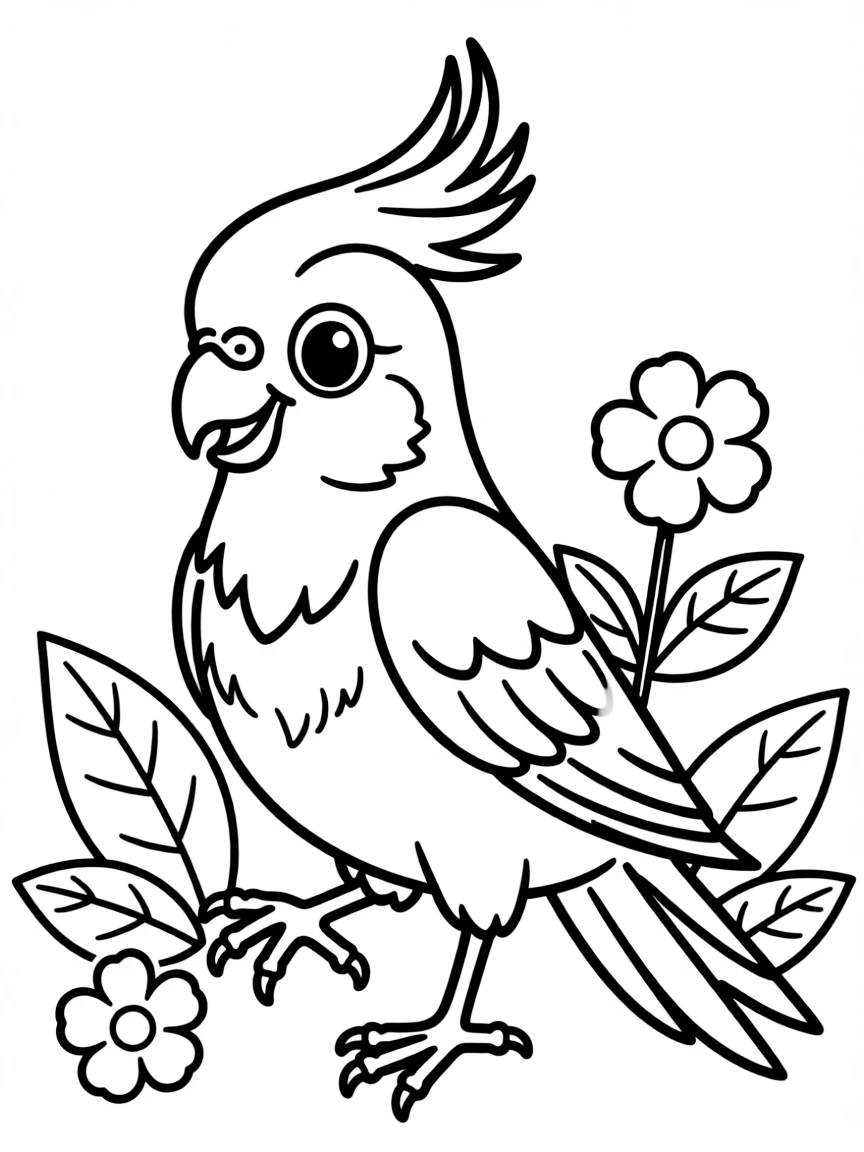 Cheerful cartoon cockatiel coloring page