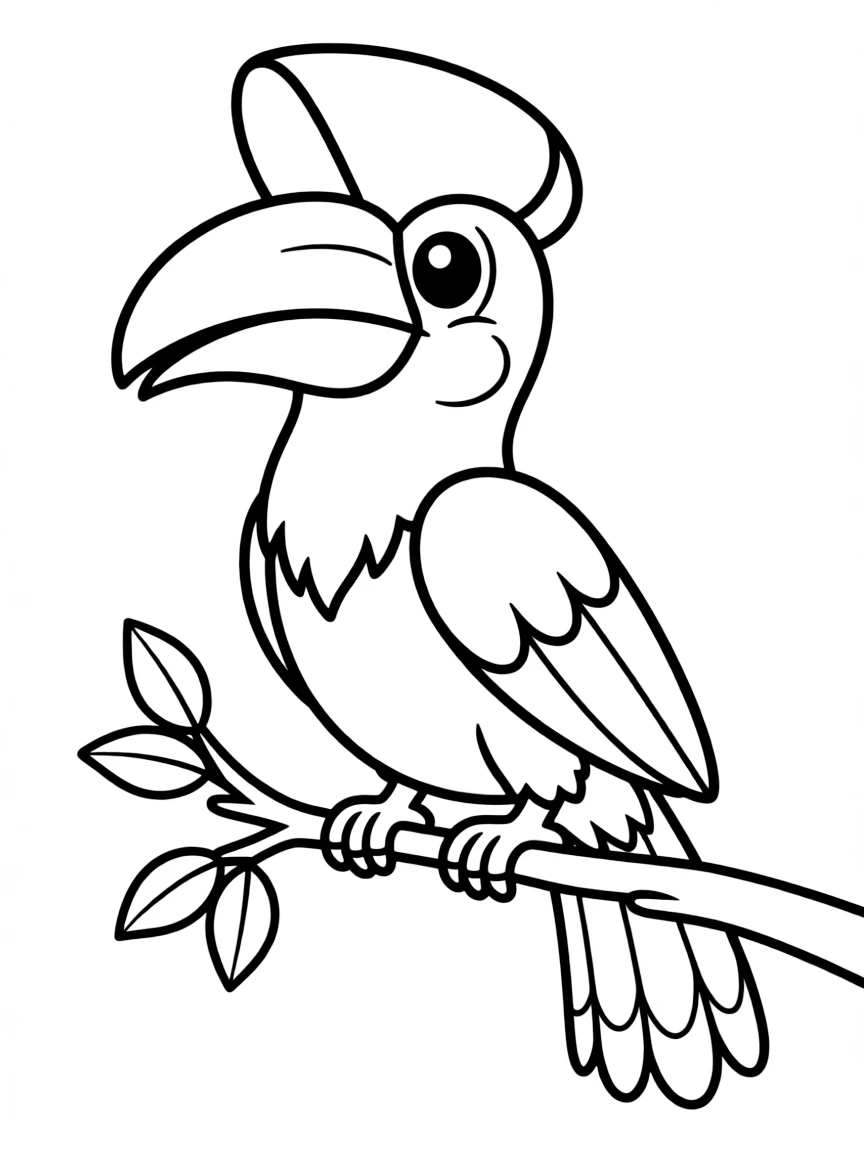 Cheerful cartoon hornbill coloring page