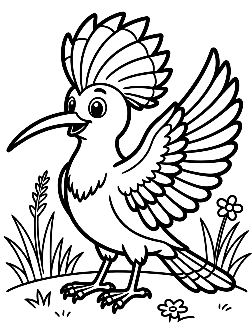 Cheerful cartoon hoopoe coloring page