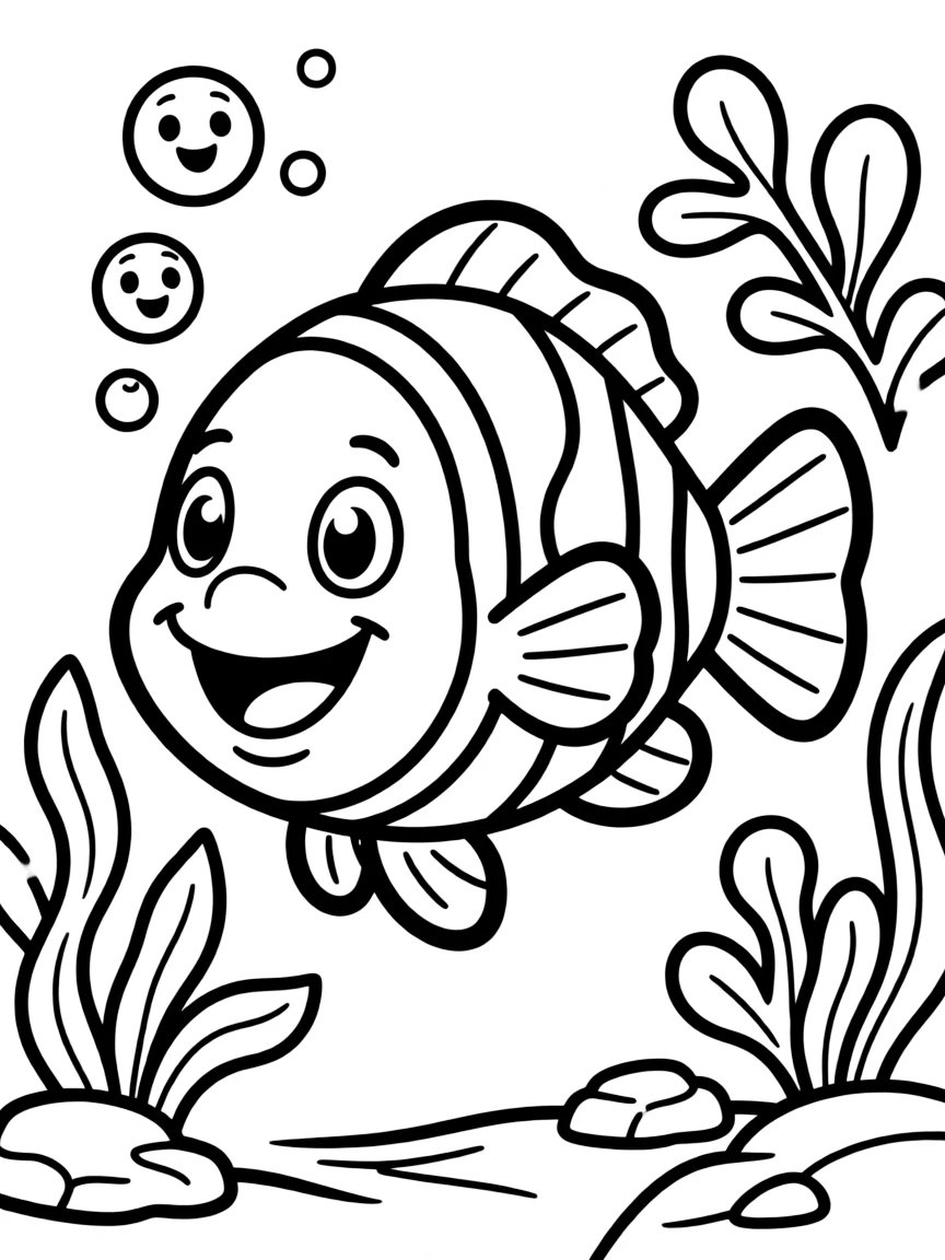 Cheerful cartoon clownfish coloring page