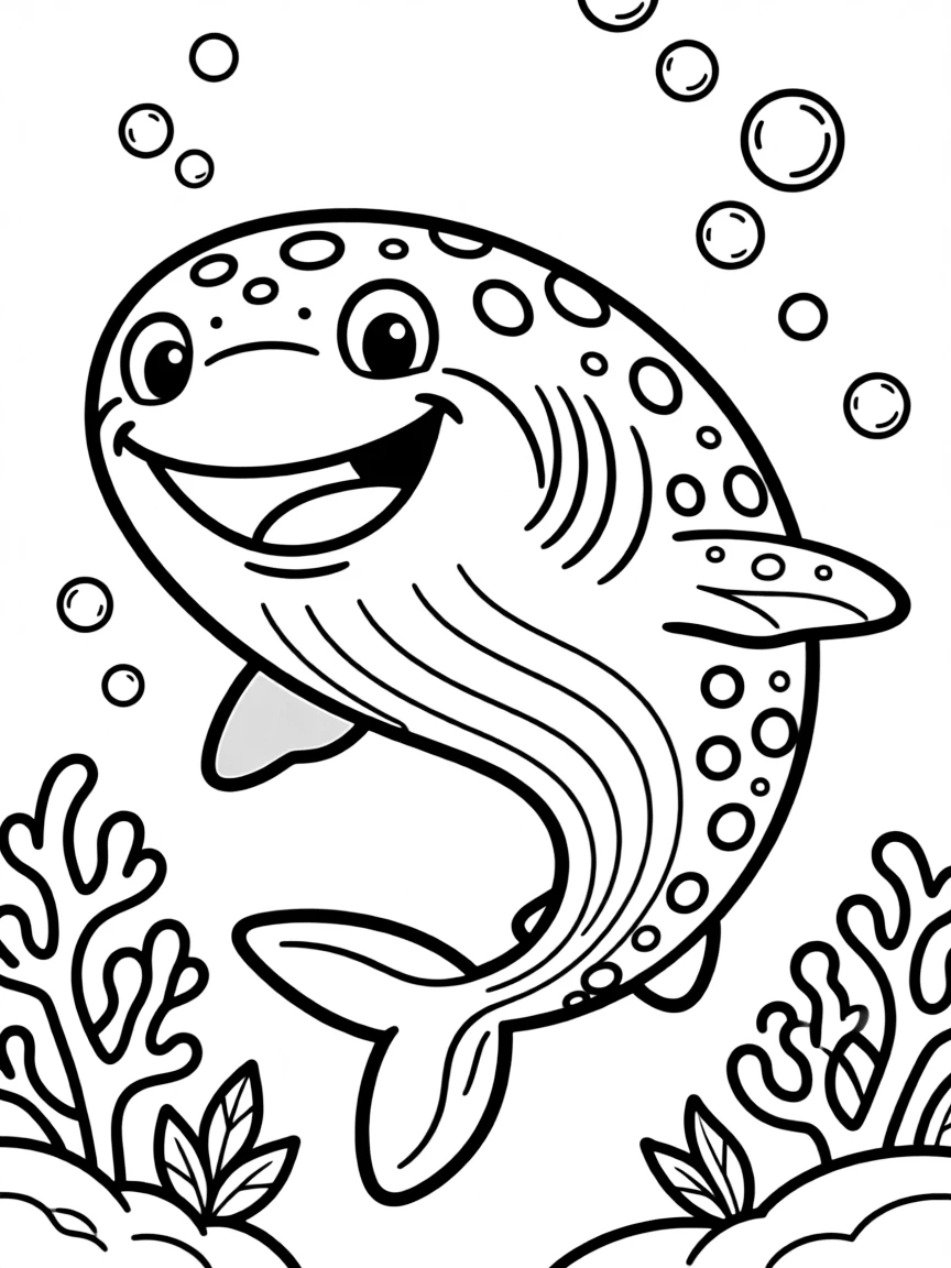 Cheerful cartoon whale shark coloring page