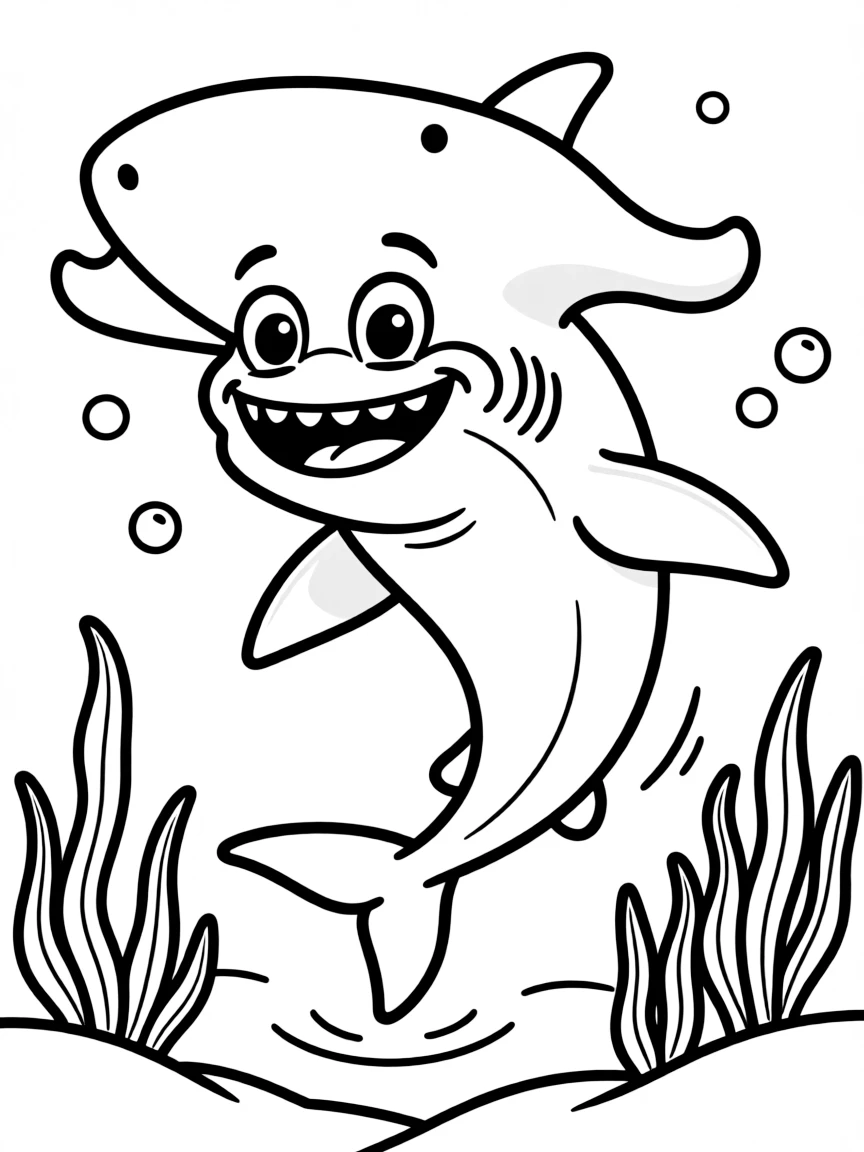 Cheerful cartoon hammerhead shark coloring page