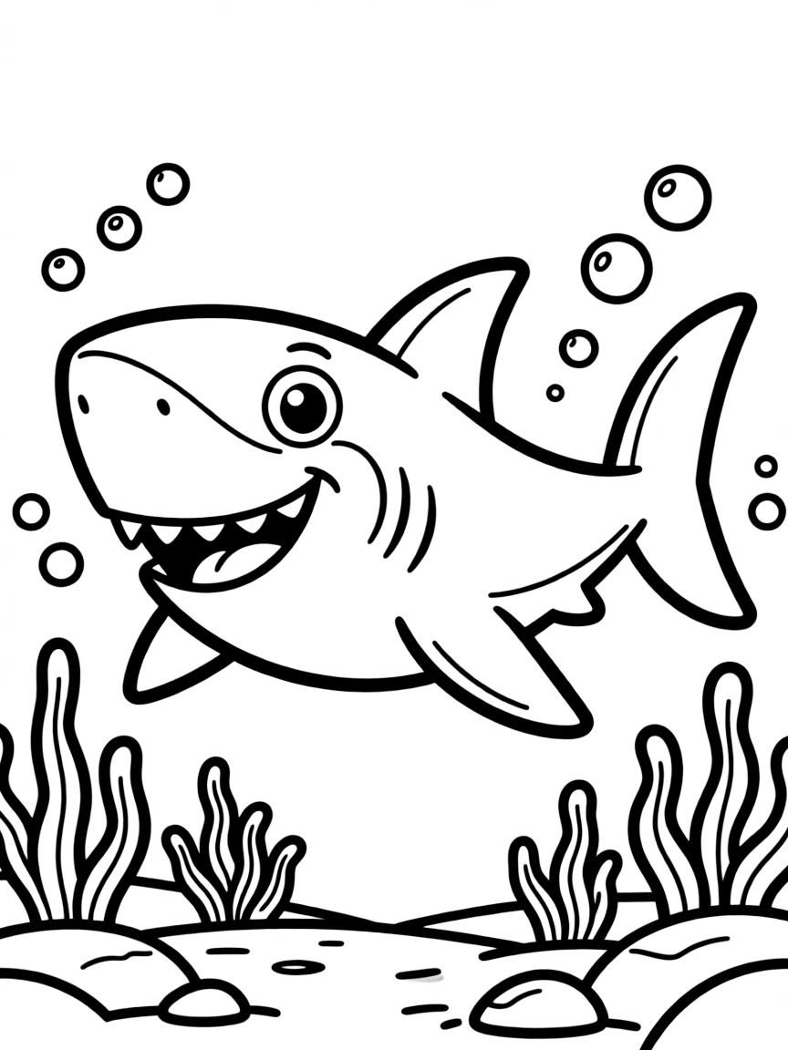 Cheerful cartoon great white shark coloring page