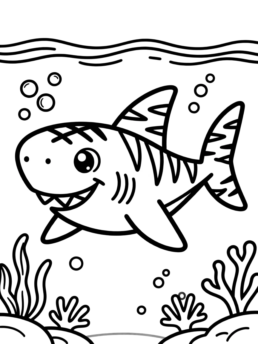 Cheerful cartoon tiger shark coloring page