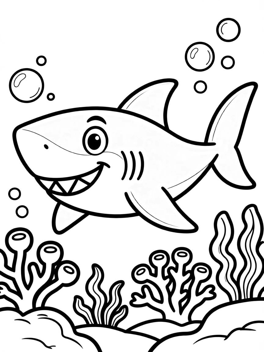 Cheerful cartoon reef shark coloring page