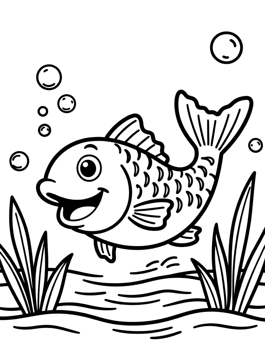 Cheerful cartoon trout coloring page