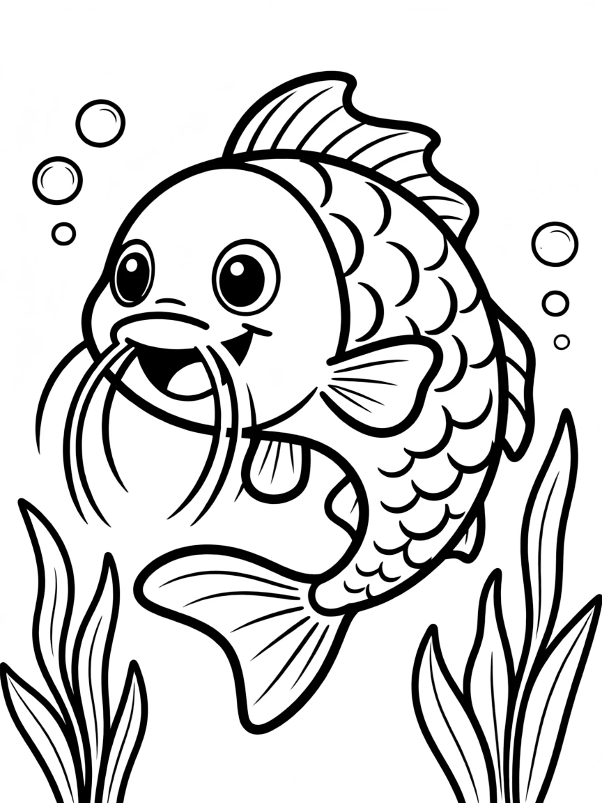 Cheerful cartoon catfish coloring page