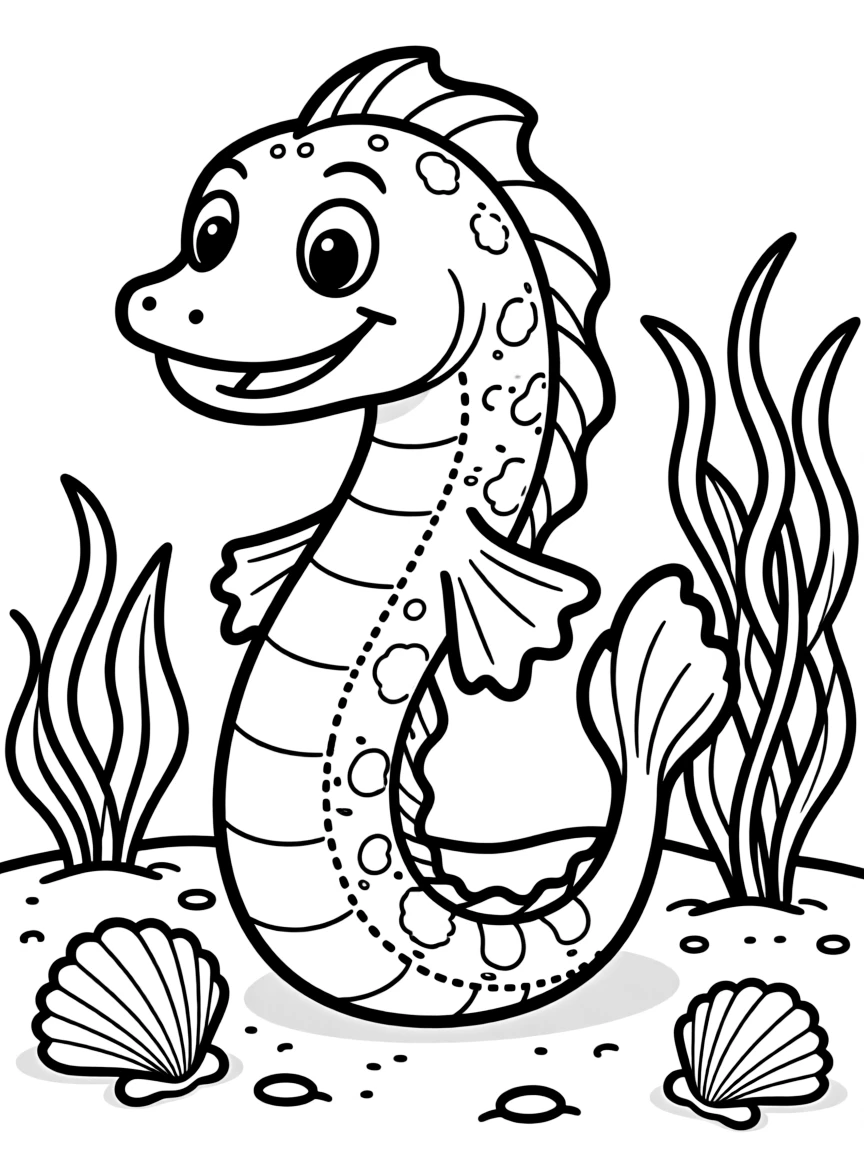Cheerful cartoon moray eel coloring page