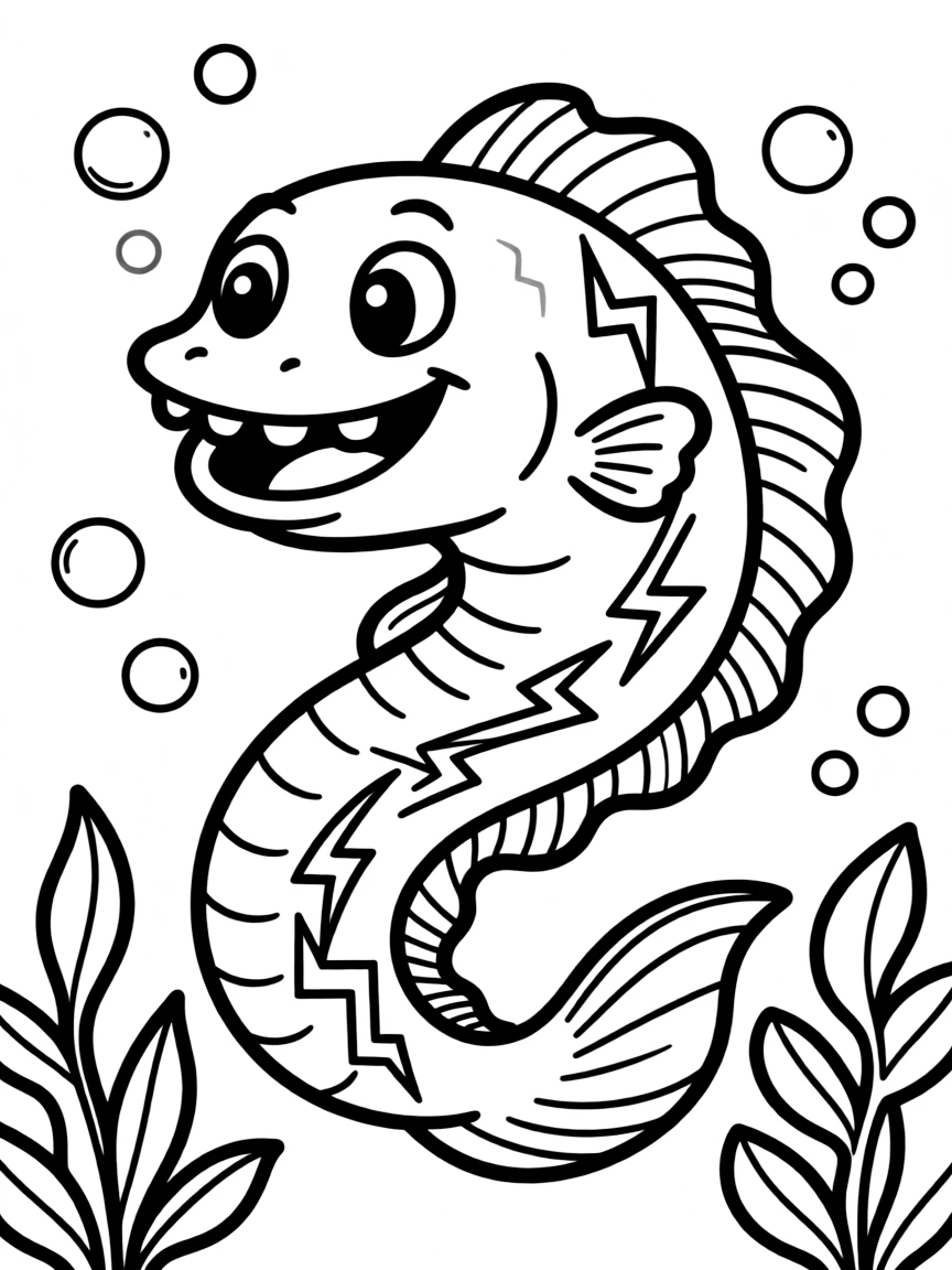 Cheerful cartoon electric eel coloring page