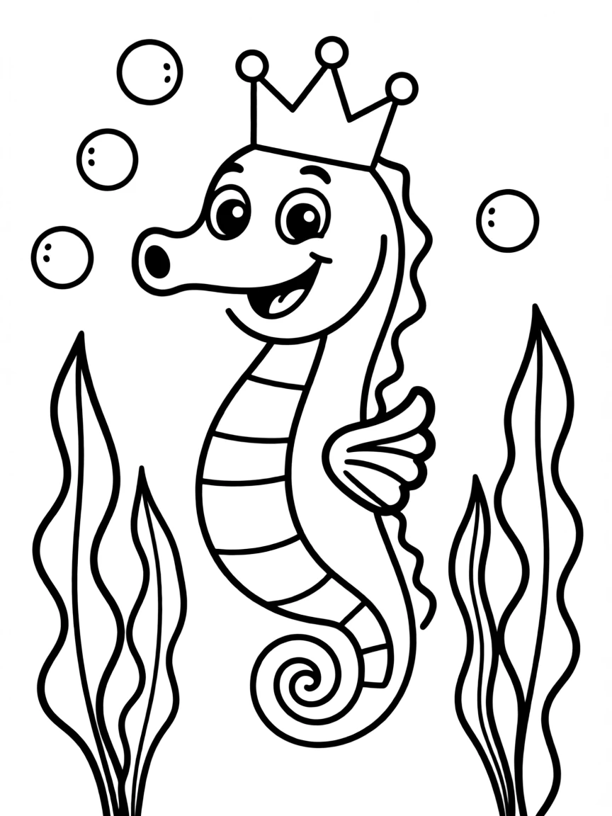 Cheerful cartoon seahorse coloring page