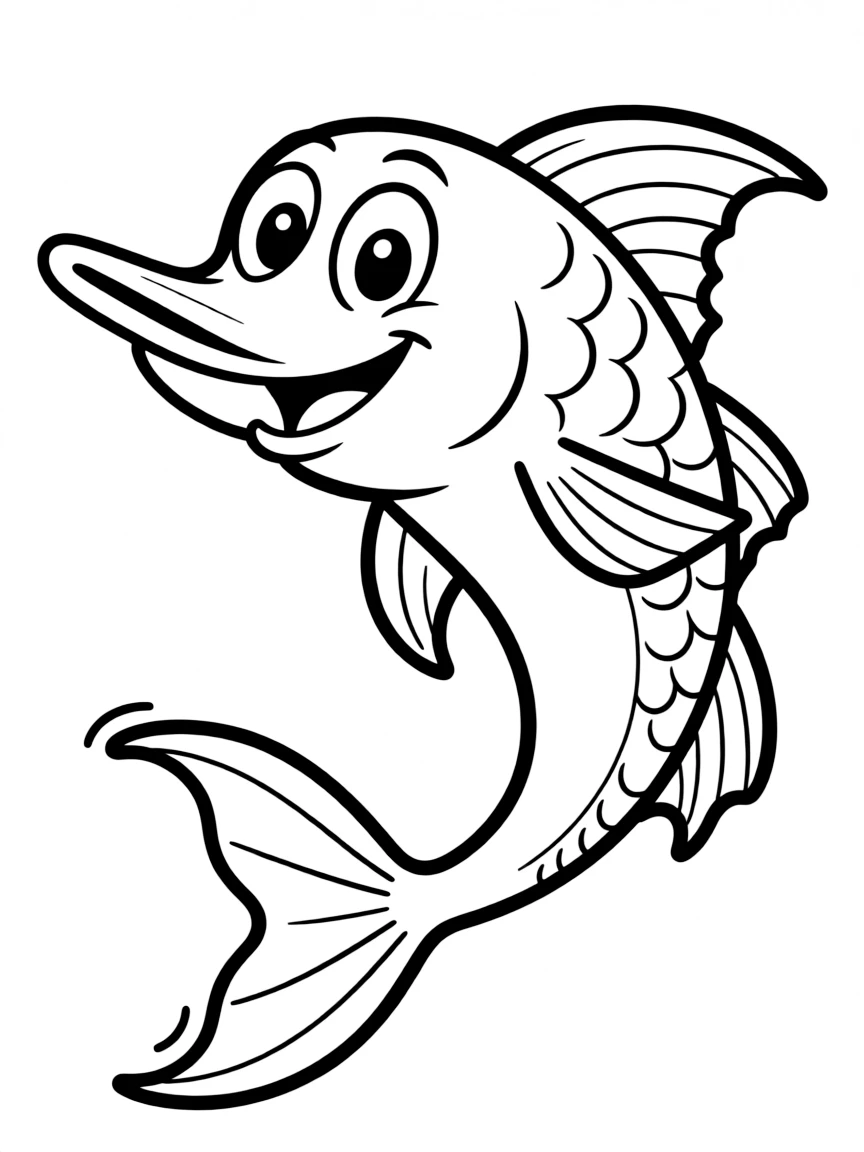Cheerful cartoon swordfish coloring page