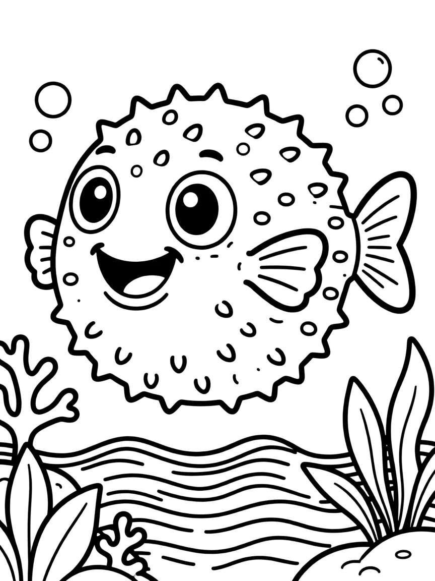 Cheerful cartoon pufferfish coloring page