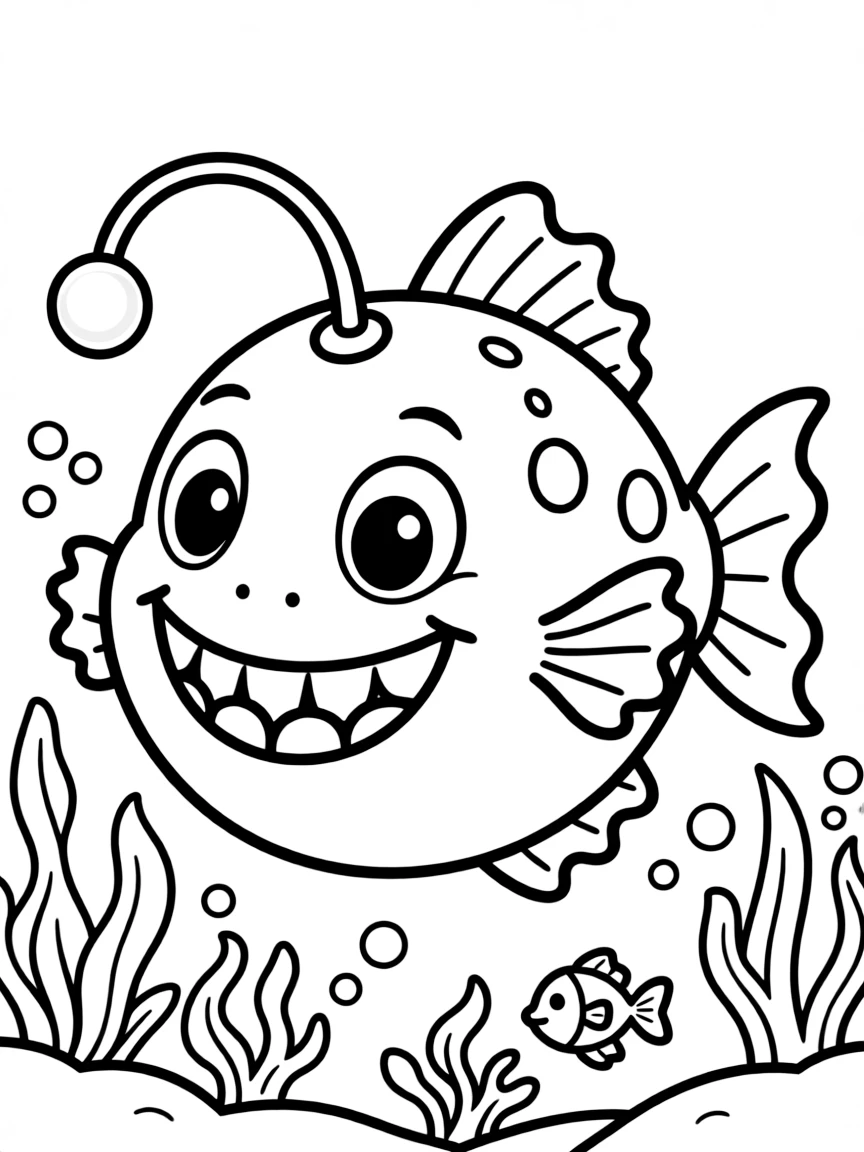 Cheerful cartoon anglerfish coloring page
